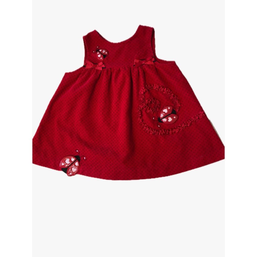 Rare Editions Red Corduroy Dress Black Polka-dots LadyBug Applique Sz 24M
